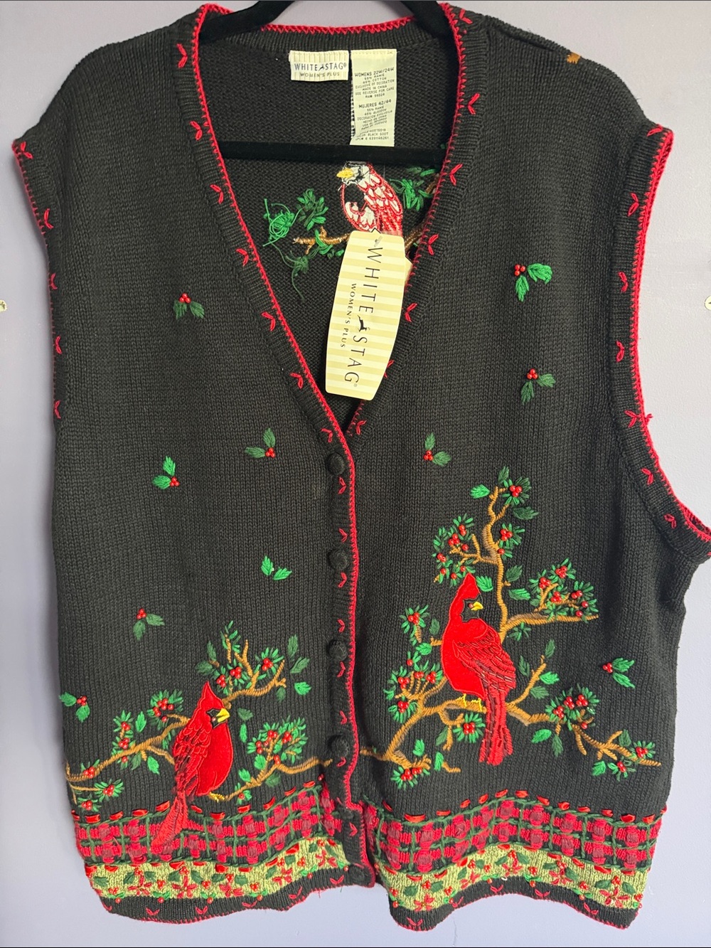 White Stag ugly Christmas Black Knit Vest  Red Cardinal Embroidery 22/24 XL NWT
